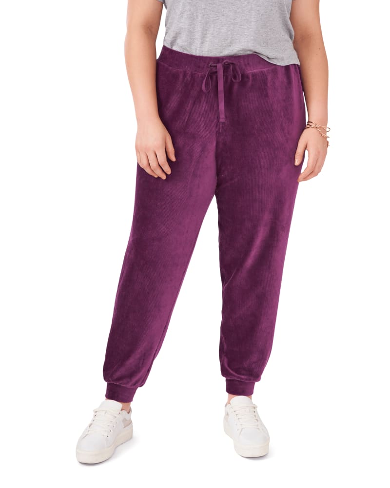 Front of a model wearing a size 1X Sofia Corduroy Jogger in RICH PURPLE by Vince Camuto. | dia_product_style_image_id:261578